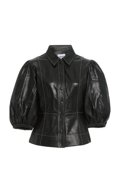Shop Ganni Leather Button-down Shirt In Black