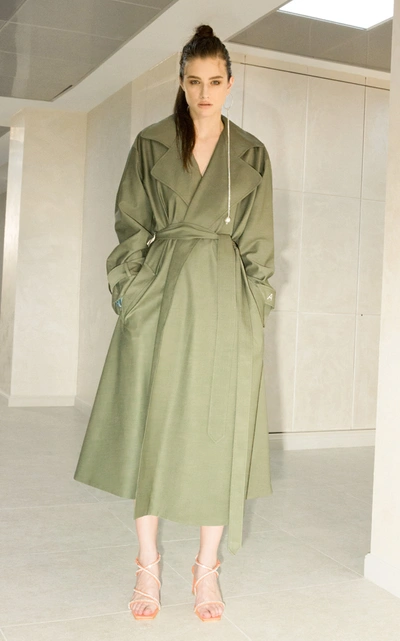 Shop Anouki Wool-poplin Trench Coat In Green