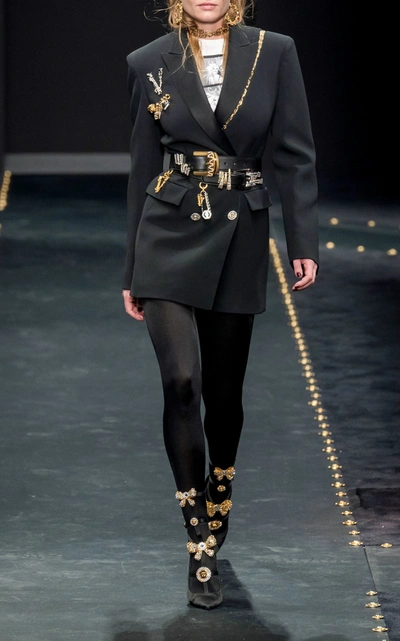 Shop Versace Wide Embellished Leather Belt In Black