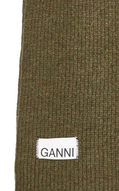 Shop Ganni Ribbed Wool-blend Scarf In Green