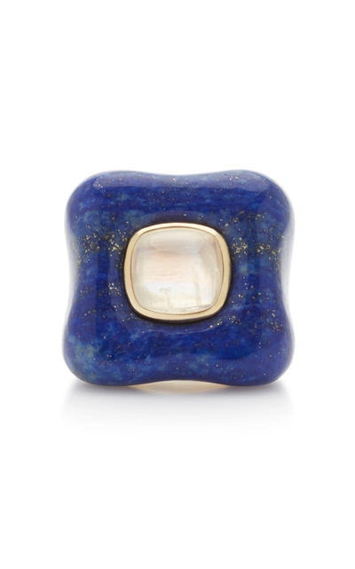 Shop Rush Jewelry Design 18k Yellow Gold And Lapis Draper Ring In Blue