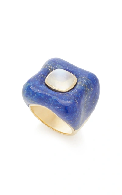 Shop Rush Jewelry Design 18k Yellow Gold And Lapis Draper Ring In Blue