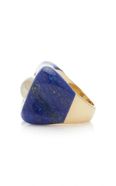 Shop Rush Jewelry Design 18k Yellow Gold And Lapis Draper Ring In Blue