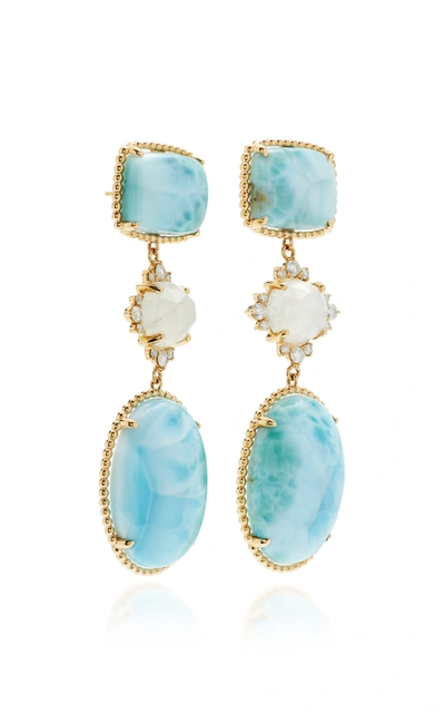 Shop Kathryn Elyse Women's 14k Yellow Gold Larimar; Moonstone And Diamond Earrings In Blue