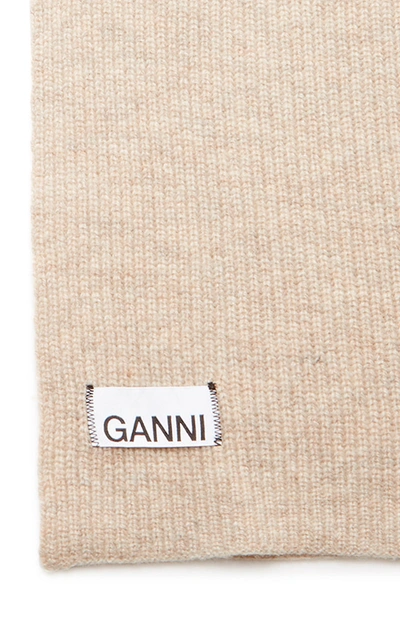 Shop Ganni Ribbed Wool-blend Scarf In Neutral