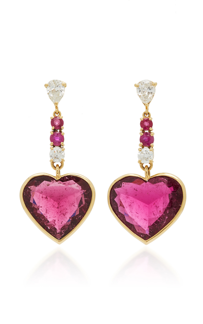 Shop Yi Collection 18k Gold Diamond Rubellite And Ruby Earrings In Red