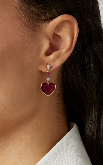 Shop Yi Collection 18k Gold Diamond Rubellite And Ruby Earrings In Red