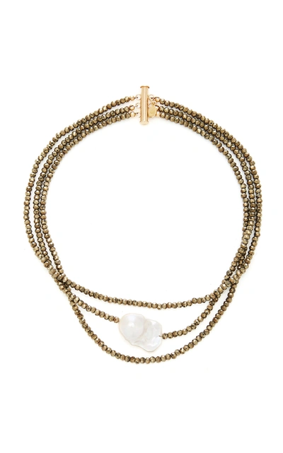Shop Joie Digiovanni Triple Strand Gold-filled; Pyrite And Pearl Choker In Metallic