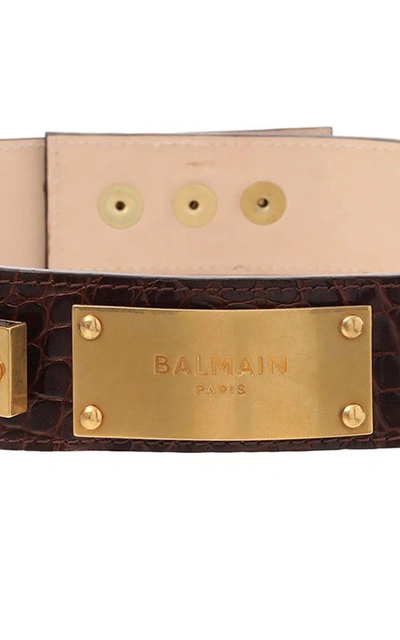 Shop Balmain Embossed Croc Print B-plate Leather Belt In Brown
