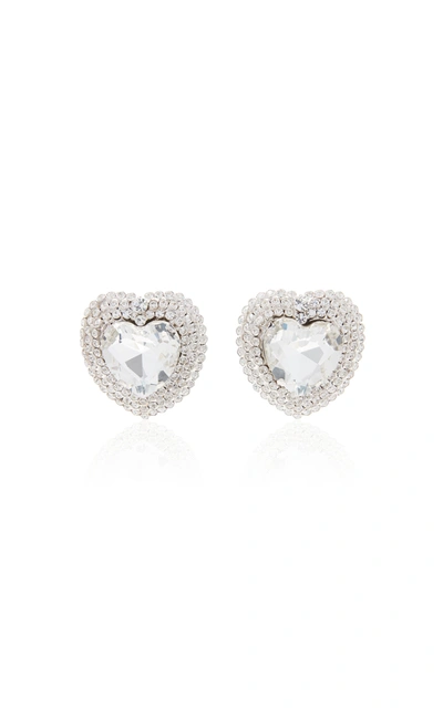 Shop Alessandra Rich Heart Crystal-embellished Silver-tone Clip-on Earrings