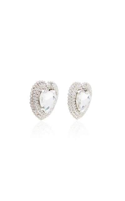 Shop Alessandra Rich Heart Crystal-embellished Silver-tone Clip-on Earrings