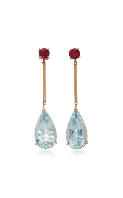 Shop Yi Collection 18k Gold Aquamarine And Ruby Earrings In Blue
