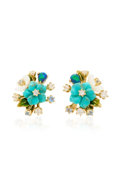 Shop Anabela Chan 18k Gold Vermeil; Diamond And Turquoise Bouquet Earrings In Blue