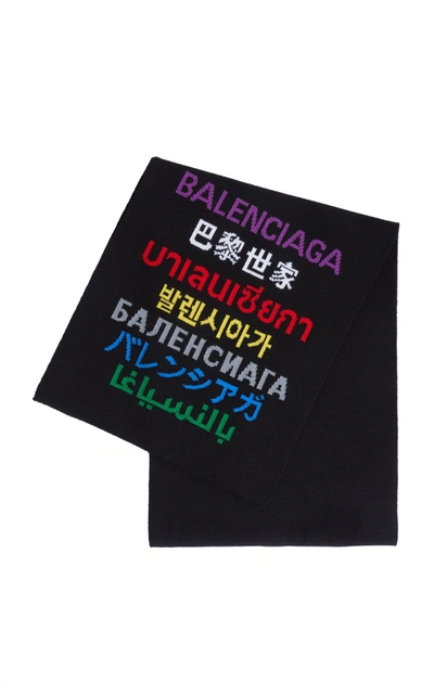 Shop Balenciaga Women's Multilingual Logo Wool-blend Scarf In Black