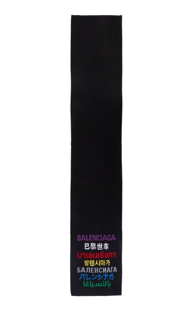Shop Balenciaga Women's Multilingual Logo Wool-blend Scarf In Black