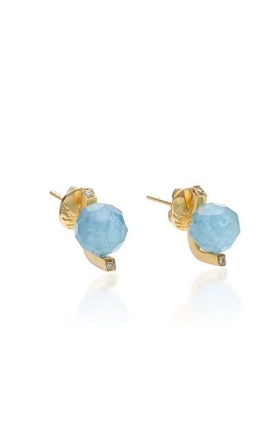 Shop Yael Sonia Rock Aquamarine Diamond 18k Yellow Gold Stud Earrings In Blue