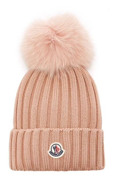 Shop Moncler Women's Fur-trimmed Ribbed-knit Wool Beanie In Pink