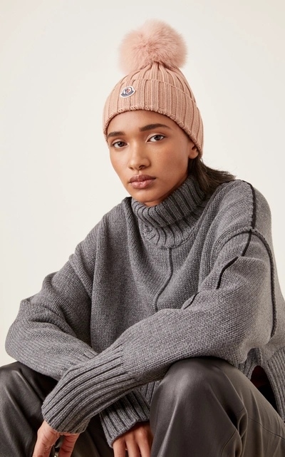 Shop Moncler Women's Fur-trimmed Ribbed-knit Wool Beanie In Pink