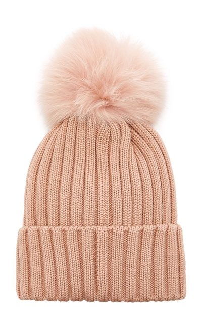 Shop Moncler Women's Fur-trimmed Ribbed-knit Wool Beanie In Pink