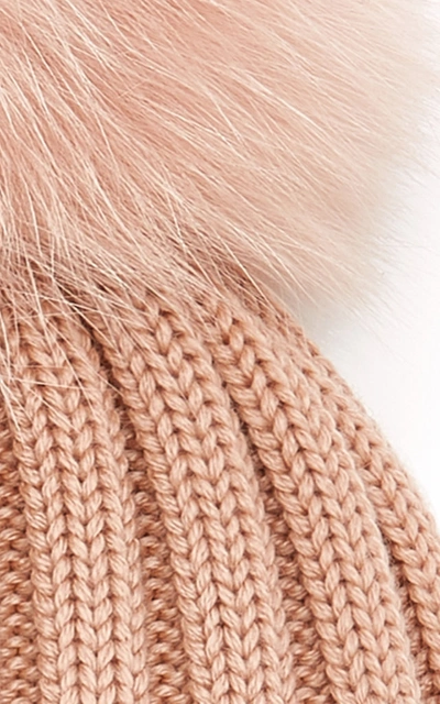 Shop Moncler Women's Fur-trimmed Ribbed-knit Wool Beanie In Pink