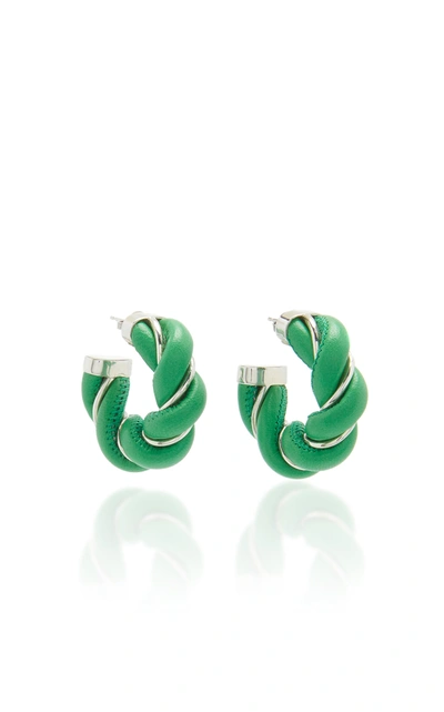 Shop Bottega Veneta Women's Twist Leather And Sterling Silver Hoop Earrings In Green