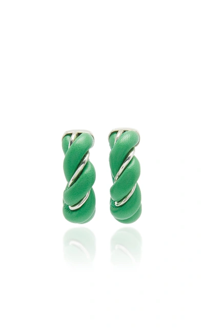 Shop Bottega Veneta Women's Twist Leather And Sterling Silver Hoop Earrings In Green