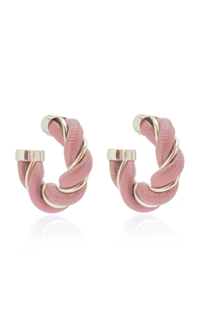 Shop Bottega Veneta Silver Leather Hoop Earrings In Pink
