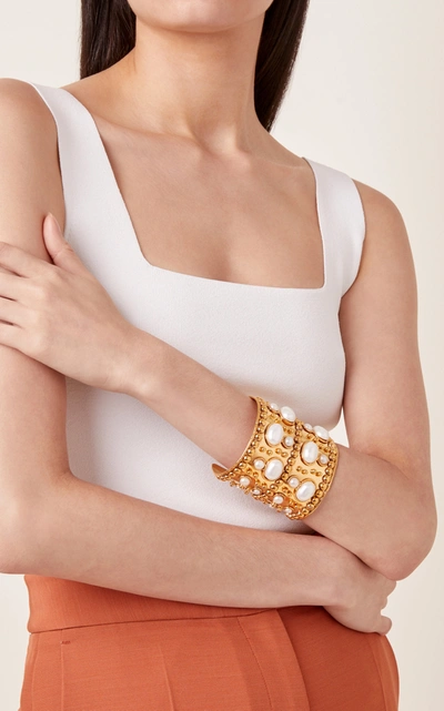 Shop Sylvia Toledano Manchette And Wonder Byzance Gold-plated And Pearl Wide Cuff In White