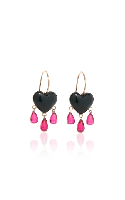Shop Rachel Quinn Bleeding Heart 14k Gold Onyx; Ruby Earrings In Black