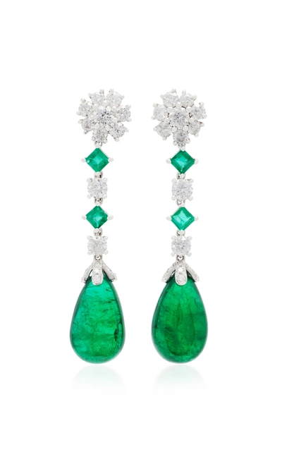 Shop Pamela Huizenga Custom Platinum Emerald And Diamond Earrings In Green