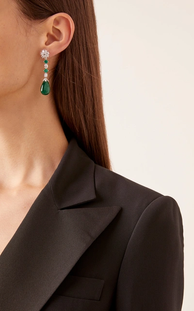 Shop Pamela Huizenga Custom Platinum Emerald And Diamond Earrings In Green