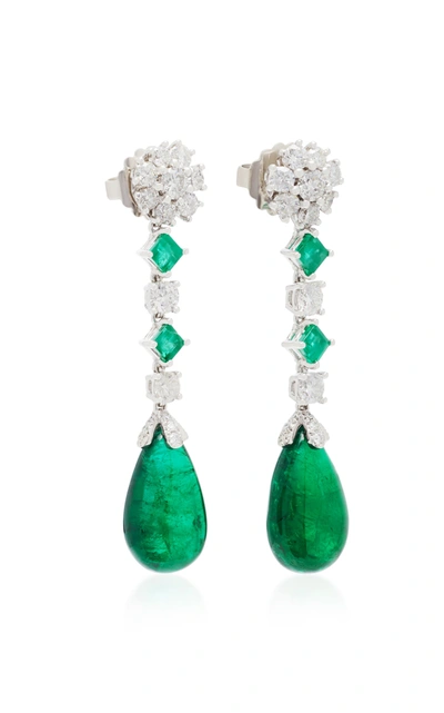 Shop Pamela Huizenga Custom Platinum Emerald And Diamond Earrings In Green