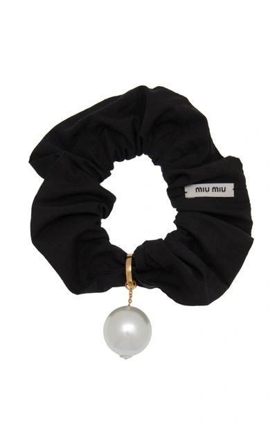 Shop Miu Miu Faux Pearl-embellished Scrunchie In Black