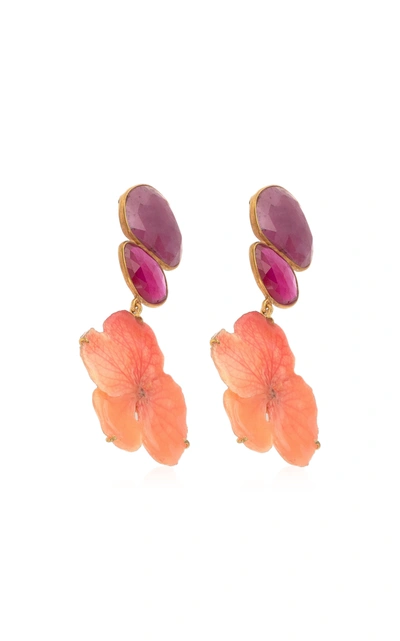 Shop Bahina Women's Real Hydrangea; Ruby 18k Yellow Gold Earrings In Pink