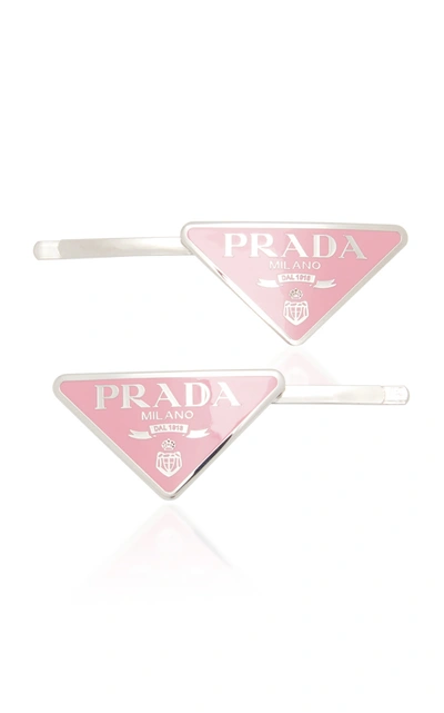 Shop Prada Women's Silver-tone Logo Barrette In Pink,black