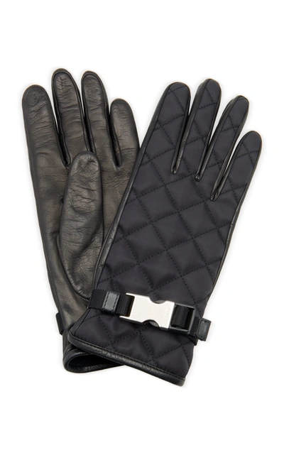 Shop Prada Embellished Quilted Shell And Leather Gloves In Black