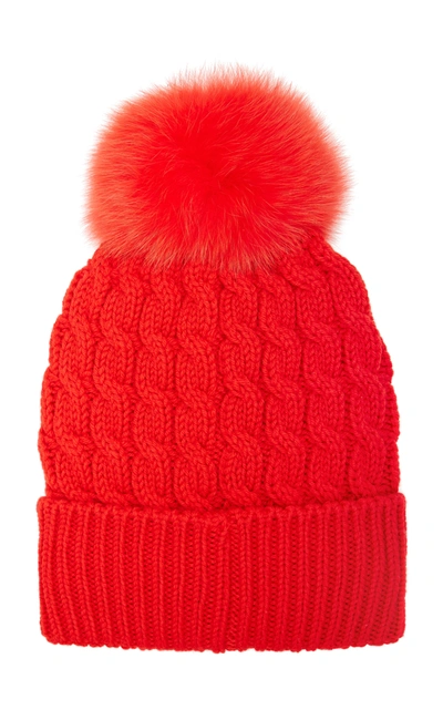 Shop Moncler Fur-trimmed Cable-knit Wool Beanie In Red