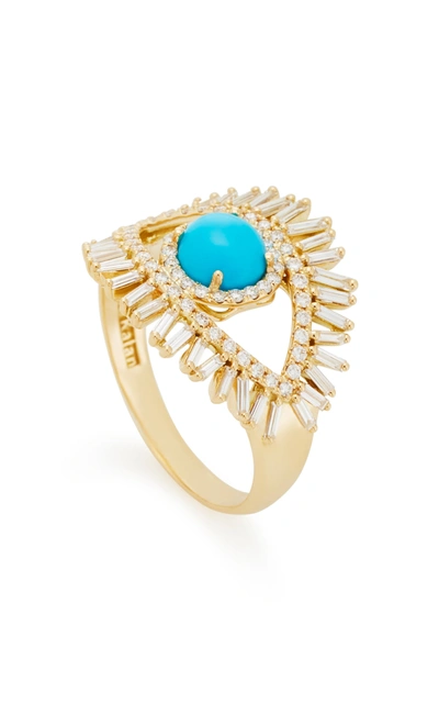 Shop Suzanne Kalan 18k Yellow Gold; White Diamond And Turquoise Evil Eye Ring In Blue