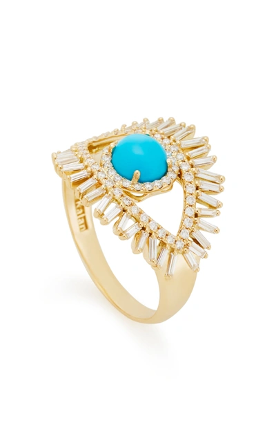 Suzanne Kalan 18k Yellow Gold Evil Eye Fireworks Turquoise And Diamond Ring In Blue