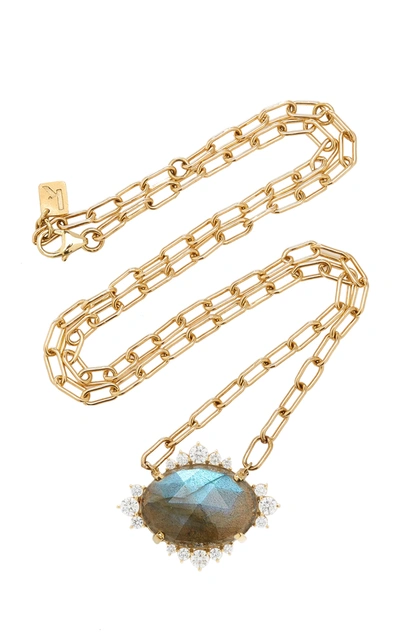 Shop Kathryn Elyse Women's Halo 14k Yellow Gold Labradorite And Diamond Necklace In Grey