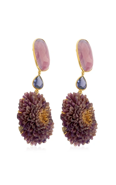 Shop Bahina Women's Real Dahlia; Sapphire; Iolite 18k Yellow Gold Earrings In Multi