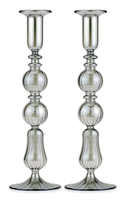 Shop Moda Domus Set-of-two Tall Glass Candle Sticks In Green,gold