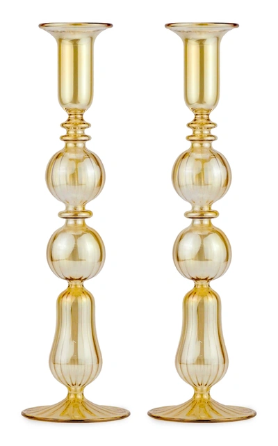 Shop Moda Domus Set-of-two Tall Glass Candle Sticks In Yellow