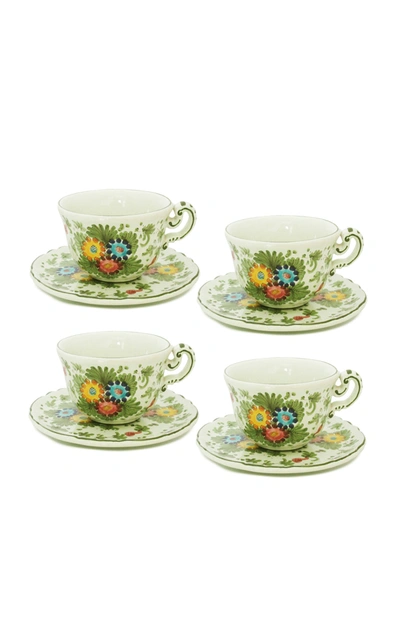 Shop Moda Domus Fiorito By ; Set-of-four Hand-painted Ceramic Teacup And Saucer In Green