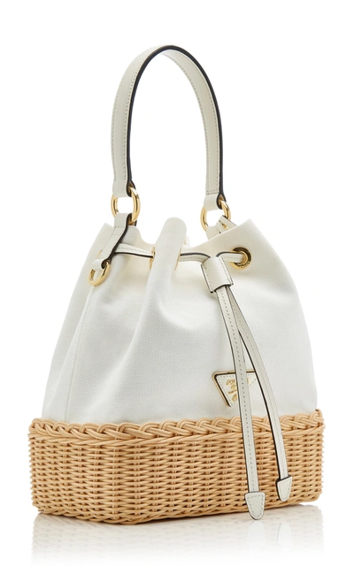 Shop Prada Wicker And Canvas Bucket Bag In White