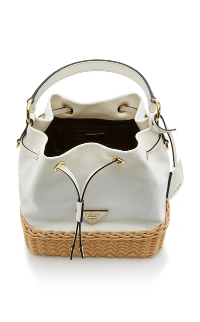 Shop Prada Wicker And Canvas Bucket Bag In White