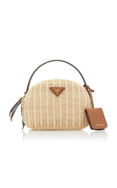 Shop Prada Wicker And Saffiano Leather Shoulder Bag In Neutral