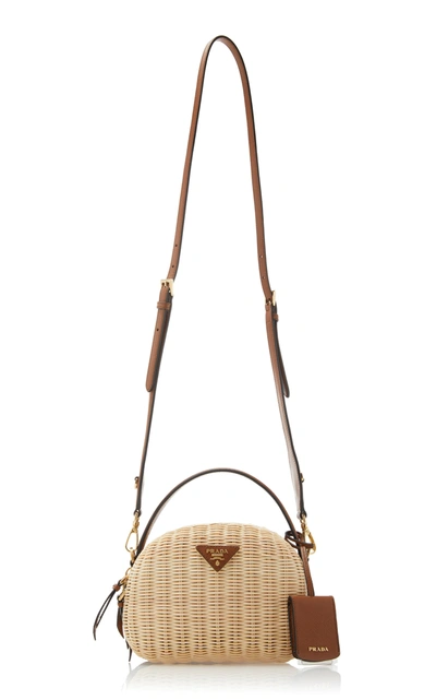 Shop Prada Wicker And Saffiano Leather Shoulder Bag In Neutral