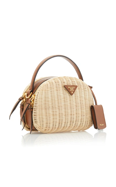 Shop Prada Wicker And Saffiano Leather Shoulder Bag In Neutral