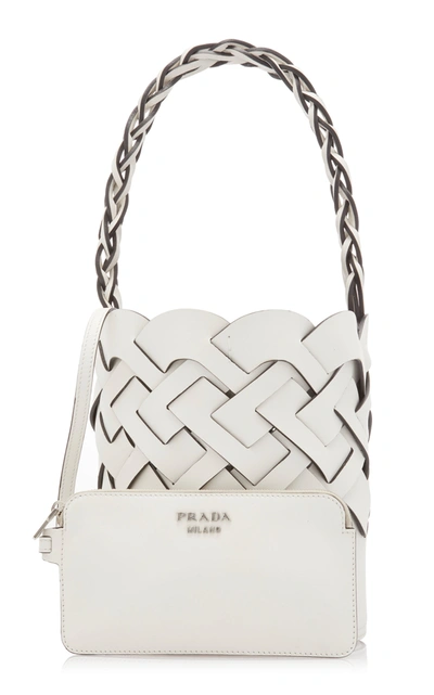Shop Prada Leather Tress Bucket Bag In White